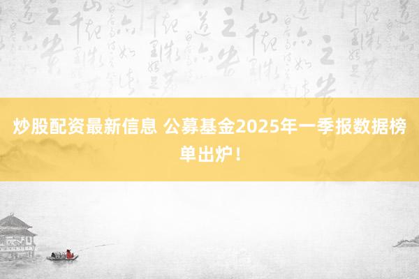 炒股配资最新信息 公募基金2025年一季报数据榜单出炉！